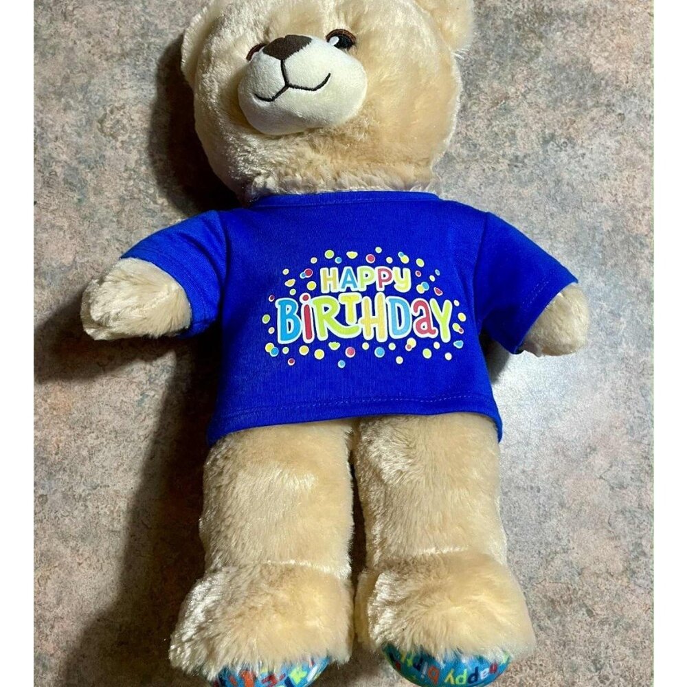 Build A Bear HAPPY BIRTHDAY Brown Teddy Bear Plush Stuffed Blue Tshirt 16 inch
